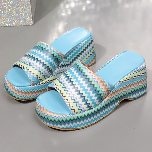 Fashionable Colorful Wave Print Wedge Sandals