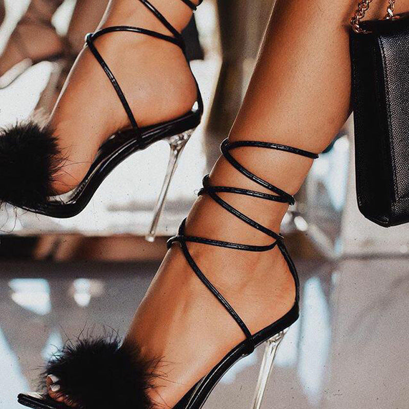 Feather Strap Crystal High Heels