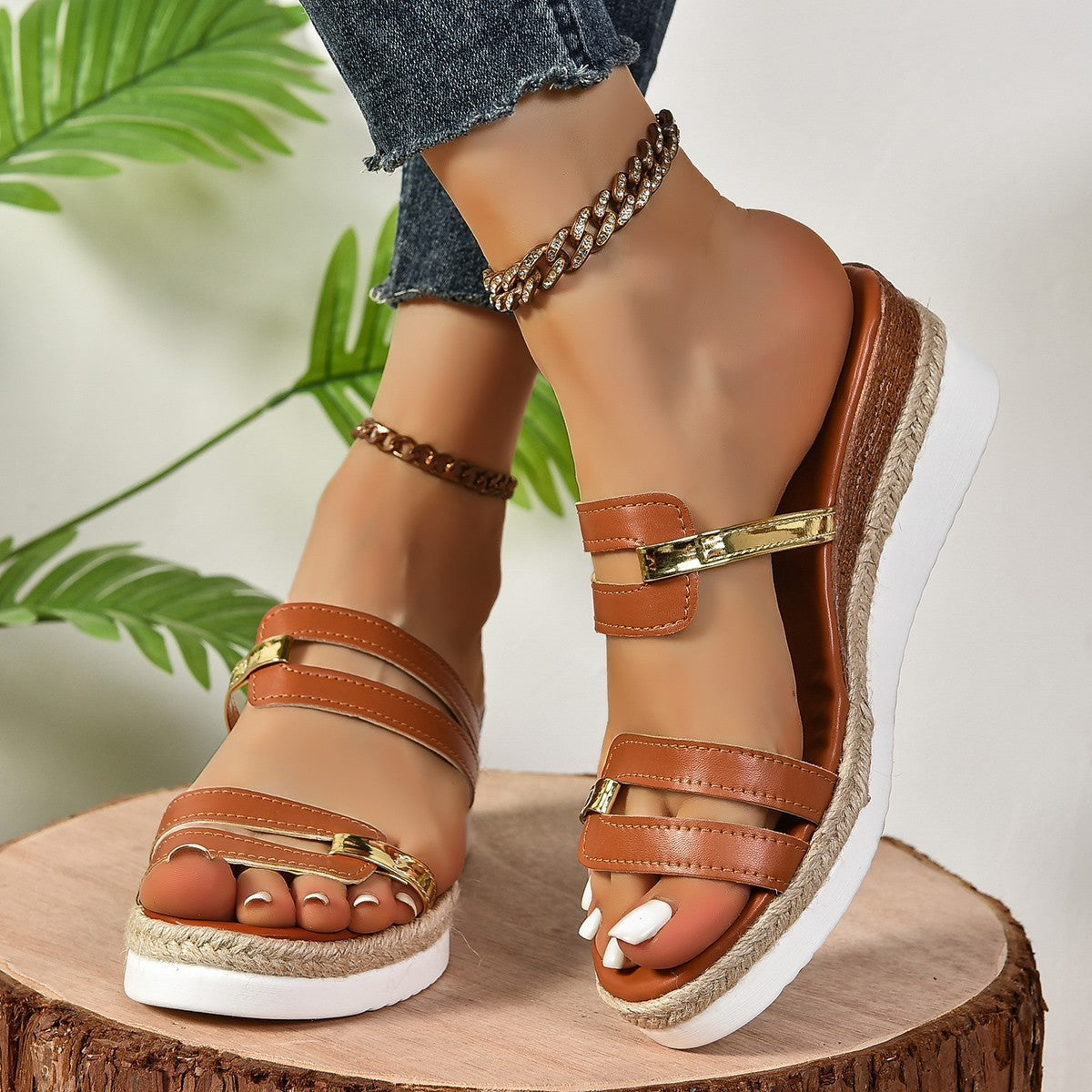 Fashionable Colorblock-Strap Wedge Sandals